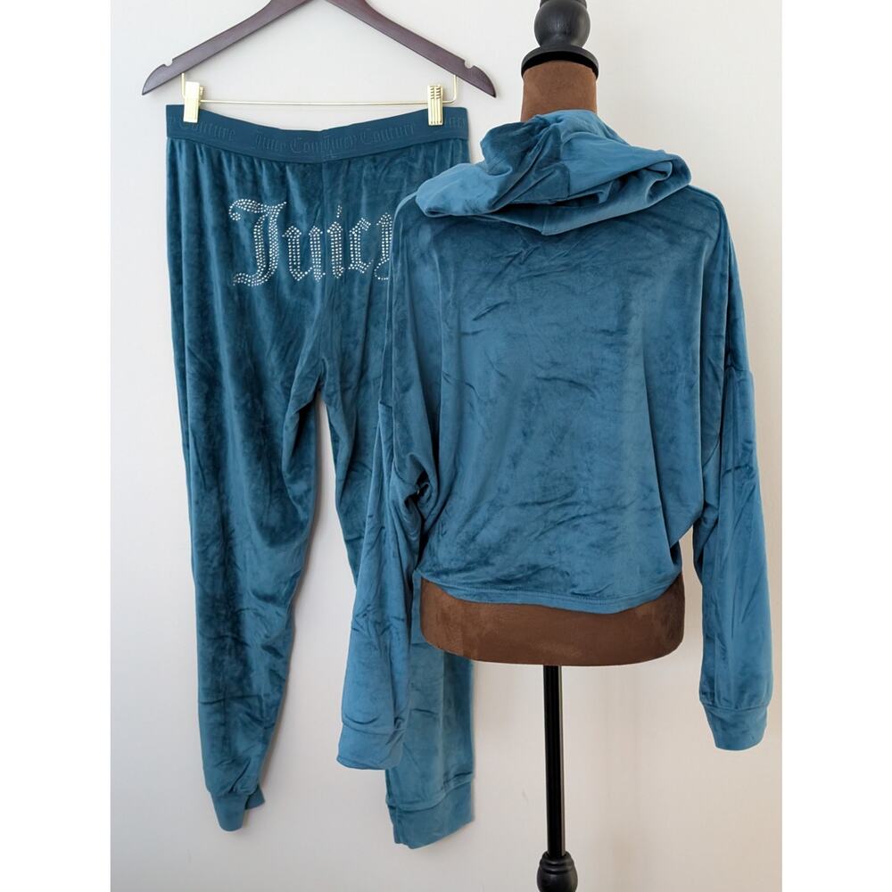Juicy Couture Teal Velour Rhinestone Lounge Set Cropped Hoodie Joggers M - Picture 3 of 11